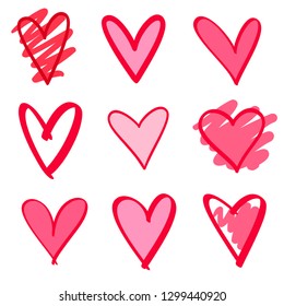 Colorful hearts on isolated white background. Hand drawn set of love signs. Unique abstract image for design. Line art creation. Colored illustration. Elements for poster or flyer