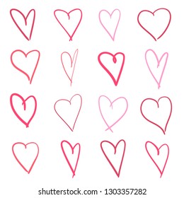 Colorful hearts on isolated white background. Hand drawn set of love signs. Unique abstract image for design. Line art creation. Colored illustration. Elements for poster or flyer
