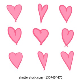 Colorful hearts on isolated white background. Hand drawn set of love signs. Unique abstract image for design. Line art creation. Colored illustration. Elements for poster or flyer