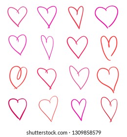 Colorful hearts on isolated white background. Hand drawn set of love signs. Unique abstract image for design. Line art creation. Colored illustration. Elements for poster or flyer