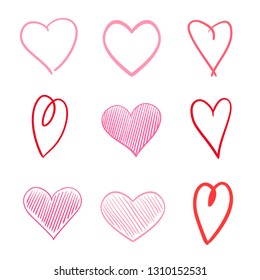 Colorful hearts on isolated white background. Hand drawn set of love signs. Unique abstract image for design. Line art creation. Colored illustration. Elements for poster or flyer