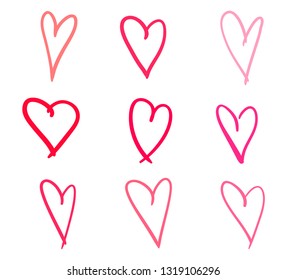 Colorful hearts on isolated white background. Hand drawn set of love signs. Line art creation. Colored illustration. Sketchy elements