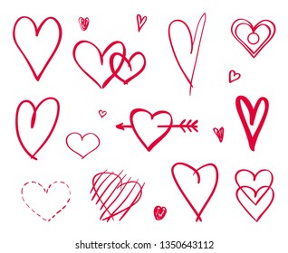 Colorful hearts on isolated white background. Hand drawn abstract signs for design. Line art creation. Colored illustration. Elements for poster or flyer