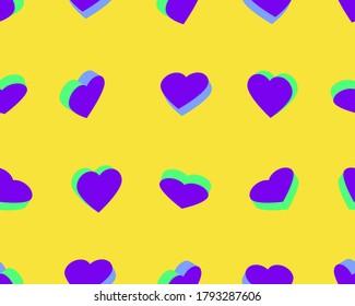 Colorful hearts on a yellow background. Seamless pattern. Vector illustration for fabric design, print for textile, wrapping, wed design, packaging, etc. Other hearts patterns in my collection.