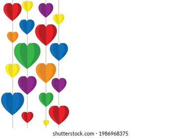 Colorful hearts paper cut vector hanging on brown rope isolated on white background.LGBTQ+ color set on pride month concept.