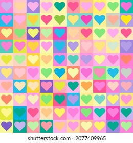 Corazones coloridos en un patrón esquemático pastel. Corazones con forma cuadrada. Fondo multicolor.