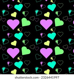 Patrón de corazones coloridos con fondo negro. Vector. Corazones de diferentes tamaños y estilos.