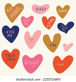 Colorful hearts with pattern lettering. Set of hearts for Valentine's Day gifts.