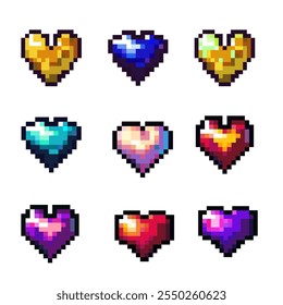 Colorful hearts pixel 8-bit retro vintage game arcade love Valentines day set