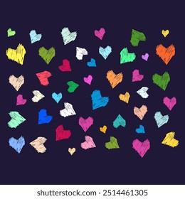 Corações coloridos padrão perfeito com fundo preto. Arquivo eps de design de vetor
