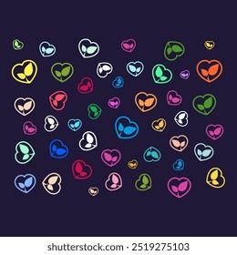 Corações coloridos padrão perfeito com fundo preto. Arquivo eps de design de vetor
