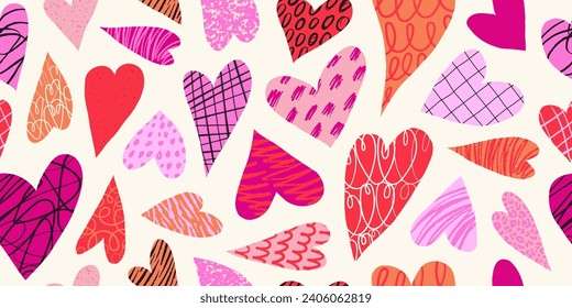 Colorful hearts seamless pattern with hand drawn textures, lines and doodles. Bright grunge texture. Trendy design. Modern art background. Vector illustration for Valentine's Day.