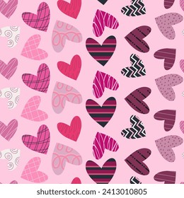 Colorful hearts seamless pattern with hand drawn textures, lines and doodles. Trendy design. Vector illustration for Valentine's Day. Modern art background. 