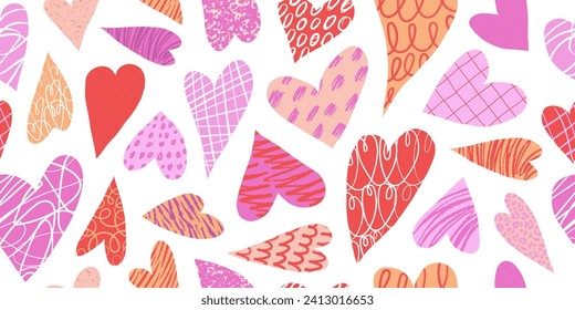 Colorful hearts seamless pattern with hand drawn textures, lines and doodles. Bright grunge texture. Trendy design. Modern art background. Vector illustration for Valentine's Day.