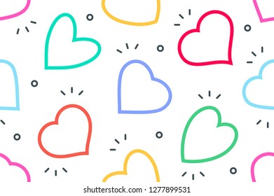 Colorful hearts seamless pattern, linear design. isolated on white background