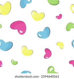 Colorful hearts seamless pattern on white background. Pink, blue, yellow, and green hearts on white. Pattern for fabrics, textile, background, bedding, covering, and e.t.c.
