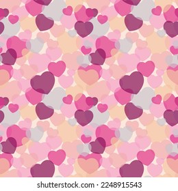 Colorful hearts seamless pattern. Pink, beige and purple background for textile, wrapping paper, web design and social media. Love, romantic concept.