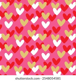 Colorful hearts seamless pattern. Red white and gold heart on pink background. Holiday romantic design for Valentine day. Vector illustration.