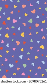 Colorful hearts seamless repeat pattern. Random placed, vector love sign elements all over surface print on very peri background.