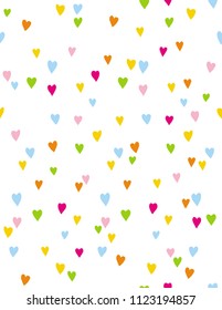 Colorful Hearts Seamless Vector Pattern. Hand Drawn Mulicolor Hearts Isolated on a White Background. Pink, Green, Yellow and Blue Love Symbol Print. Valentine's Day Pattern ideal for Fabric.