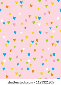 Colorful Hearts Seamless Vector Pattern. Hand Drawn Mulicolor Hearts Isolated on a Light Pink Background.  Pink, White, Yellow and Blue Love Symbol Print. Valentine's Day Pattern ideal for Fabric.