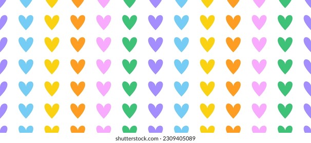 Colorful Hearts Seamless Vector Pattern. Cool Simple Print with  Hand Drawn Love Symbol ideal for Fabric, Textile, Wrapping Paper. Rainbow Colors Hearts Isolated on a White Background. RGB Color.