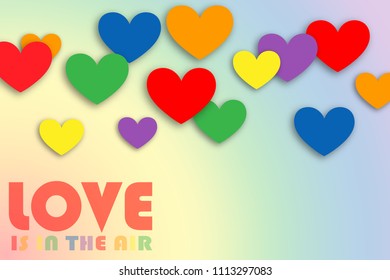 Colorful hearts with shadows on a rainbow background. Pride