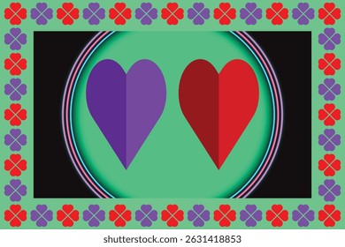 Padrão de forma de corações coloridos, roxo e vermelho, em um design vibrante e romântico.