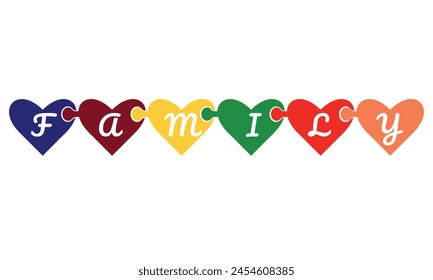 Colorful hearts in the shape of a puzzle connected to each other with the inscription Family. Vector illustration