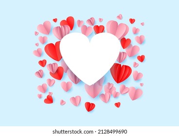 Colorful hearts shapes on a blue background with place for text. 14 february concept. Wedding romantic card