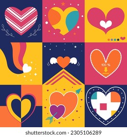 Colorful hearts in square.Vector illustration in flat style.