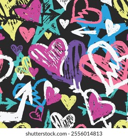 Colorful hearts and stars fill the background with lively designs in shades of pink blue yellow and purple. The playful pattern features bold lines and dynamic shapes creating an energetic feel.