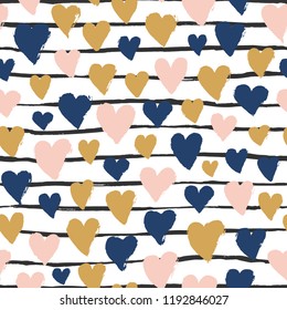 Colorful hearts, stripes seamless pattern. Vector grunge design for cards, web, backgrounds.