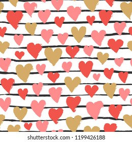 Colorful hearts, stripes seamless pattern. Vector grunge design for cards, web, backgrounds.