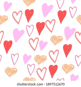 Colorful hearts in the style of a doodle in a seamless pattern. Vector seamless pattern with multicolored hearts. 