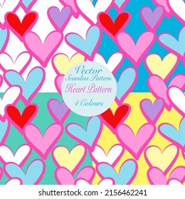 Colorful hearts vector seamless pattern on white blue green yellow background, collection of element for decorate valentine card, fabric textile printing and wallpaper