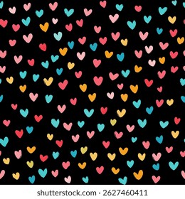 Colorful hearts vibrant colors against a black background. tiny hearts seamless pattern vector illustration, doodle summer, kids and baby designs for print fabric.