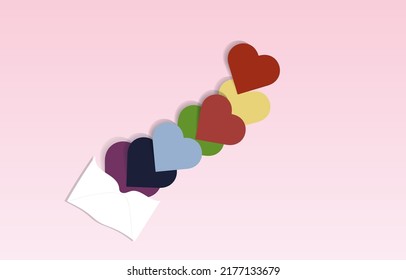 Colorful hearts in white envelope Paper craft style vector illustration.