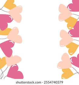 Colorful heart-shaped balloons frame on white background.