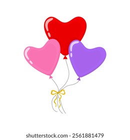 Colorful heart-shaped balloons in three vibrant hues floating together