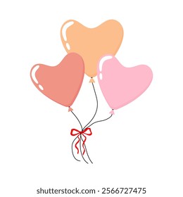 Colorful heart-shaped balloons tied together with a ribbon for celebration decoration