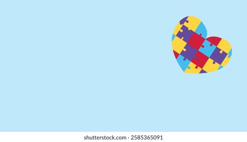 Colorful heart-shaped puzzle symbol on a soft blue background, representing autism awareness, love, and inclusivity.