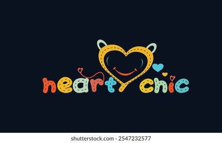 Colorful heart-themed logo, kids fashion branding, playful typography design, cheerful logo emblem, fun and vibrant vector design, cute stitched heart logo, children’s apparel branding, happy logo con