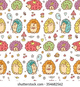 Colorful Hedgehogs seamless pattern. Hand drawn doodles cute Hedgehogs - vector illustration. Background for kids