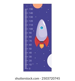 Gráfico colorido de la altura con el cohete de la historieta que vuela en el espacio para la habitación de los niños
