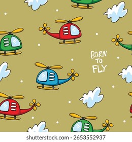 colorful helicopter born to fly vector with yellow background 