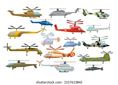 Colorful helicopters cartoon illustration set. Different military, medical, police helicopters, copters, windmills or choppers on white background. Aviation, air transportation, flight concept