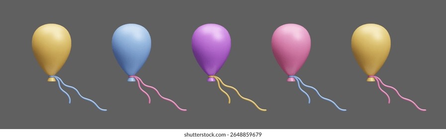 Colorful helium air balloons 3D style realistic vector illustration. Birthday party decoration, happy holiday anniversary celebration, colorful festive balloons 3D icon set.