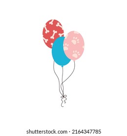 Colorful helium balloons with bone and paw patterns, flat vector illustration isolated on white background. Concept of celebrating pet birthday party. Cartoon balloons for dogs.