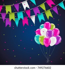Colorful helium balloons  bunch and bunting flags on background with confetti. Concept of birthday party, anniversary and wedding invitations